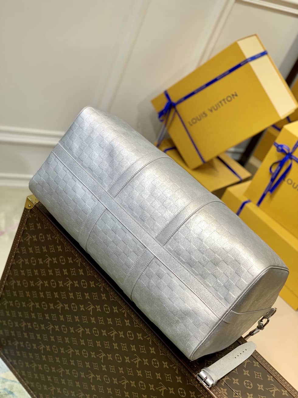 LV Duffle Bag Replica  Glitter Damier Keepall Silver N58041