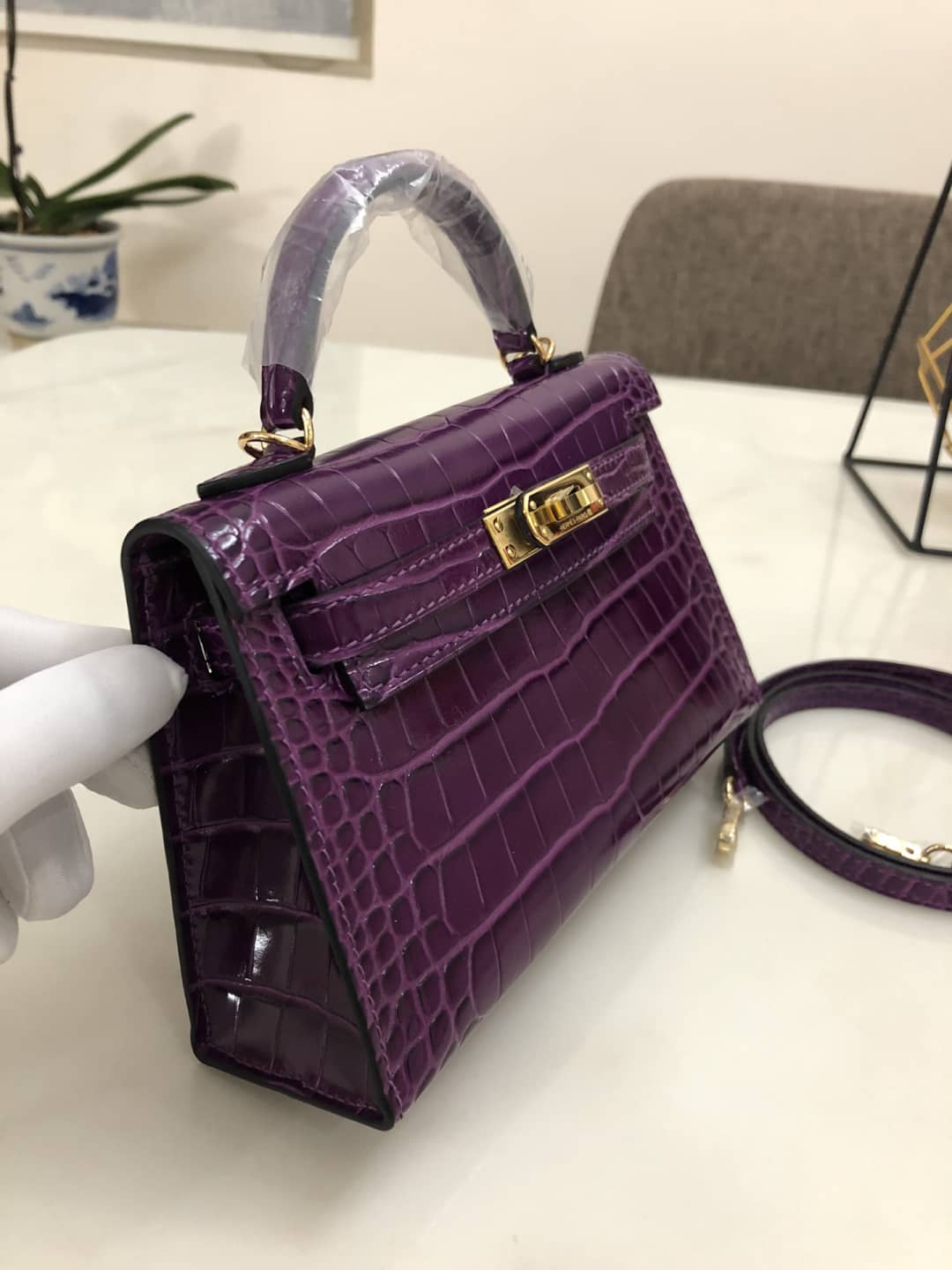H**me5 Kelly Dupe Mini 19CM Crocodile Shiny Replica Bag