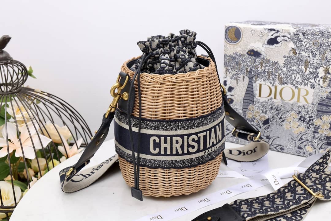Chr1st1an D10r Wicker Bucket Bagblue Oblique