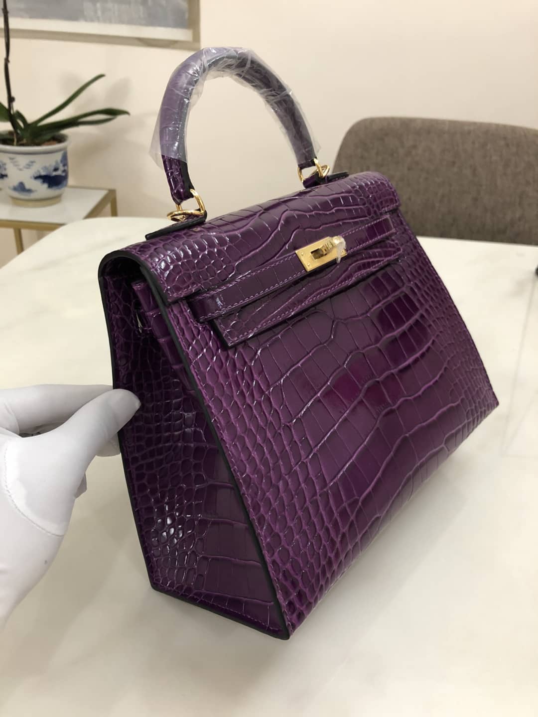 H**me5 Kelly Dupe 25CM Crocodile Shiny Replica Bag