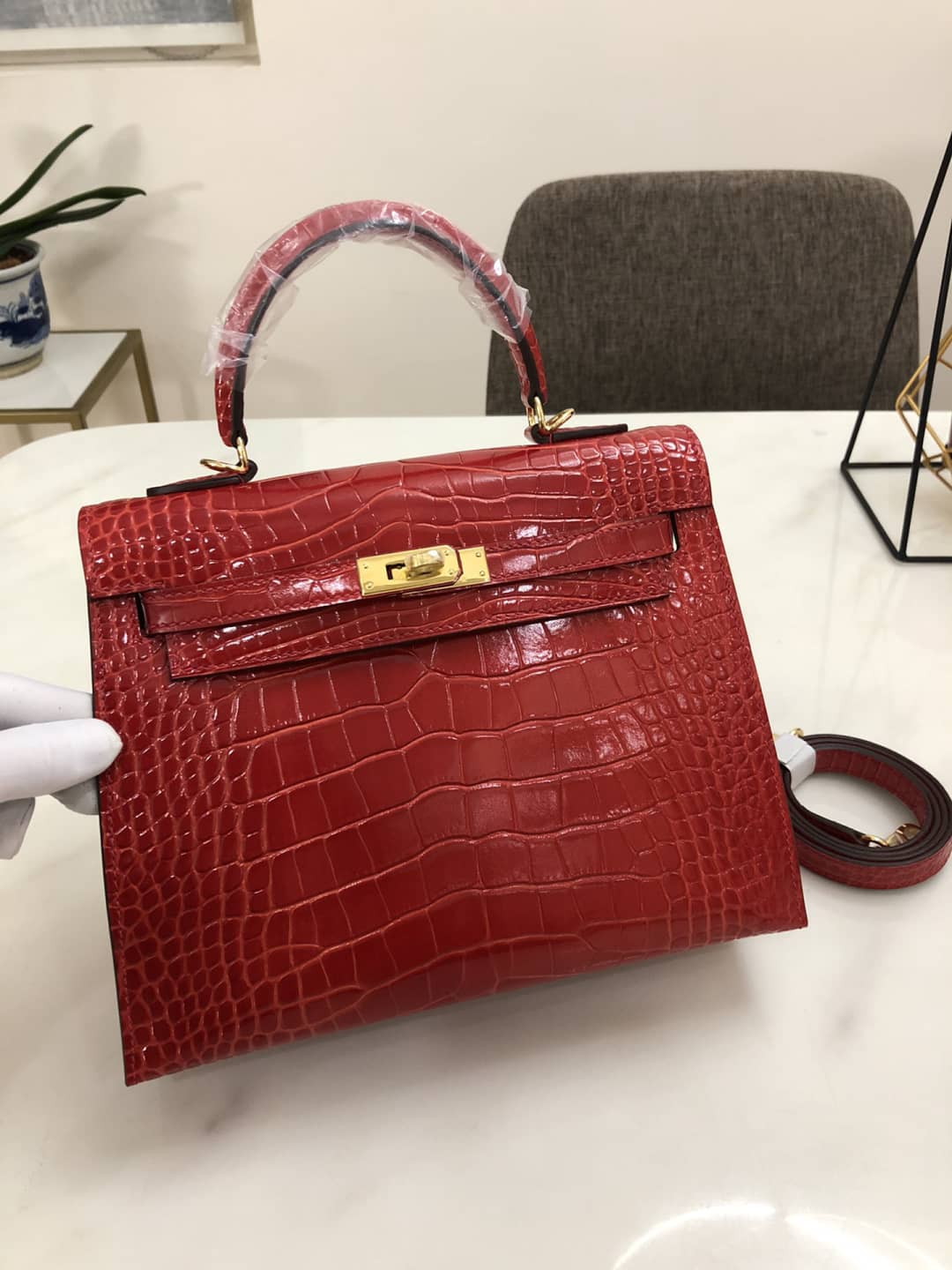 H**me5 Kelly Dupe 25CM Crocodile Shiny Replica Bag