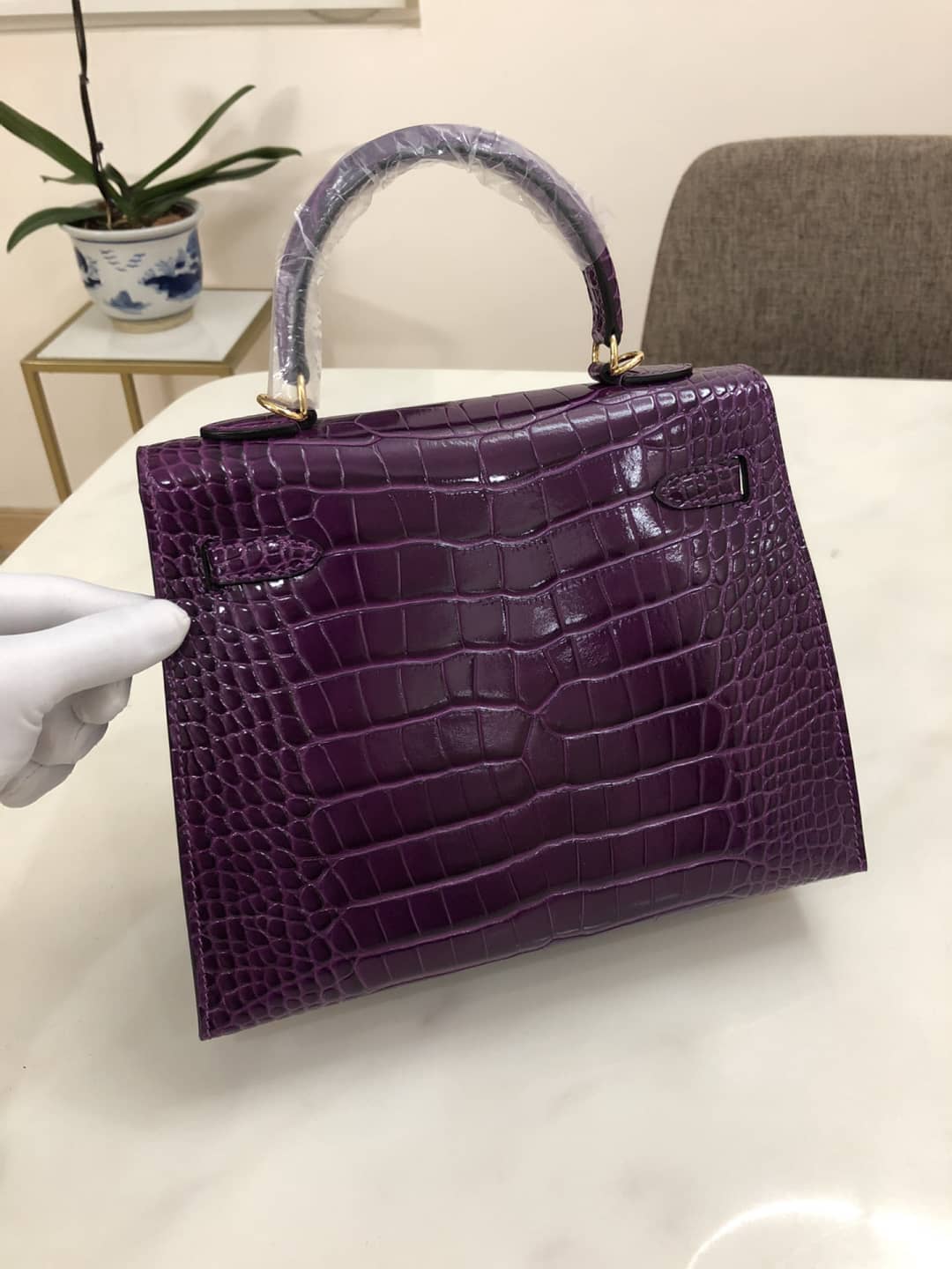 H**me5 Kelly Dupe 25CM Crocodile Shiny Replica Bag
