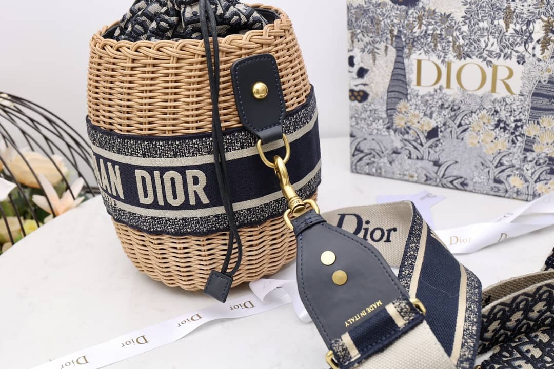 Chr1st1an D10r Wicker Bucket Bagblue Oblique