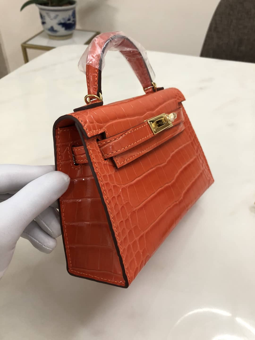H**me5 Kelly Dupe Mini19CM Crocodile Shiny Replica Bag
