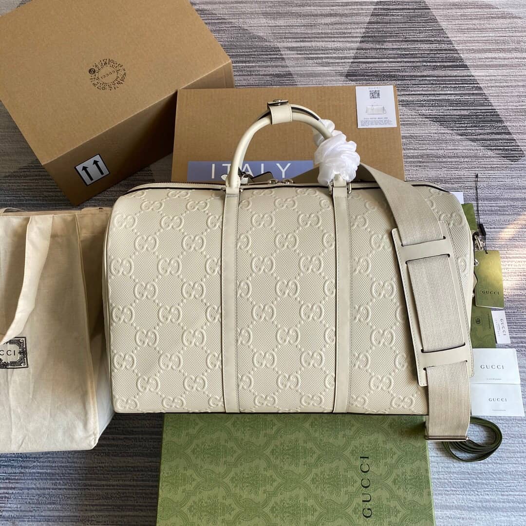 Gvc*1 GG Embossed Perforated Leather Duffle Bag Replica White 625768