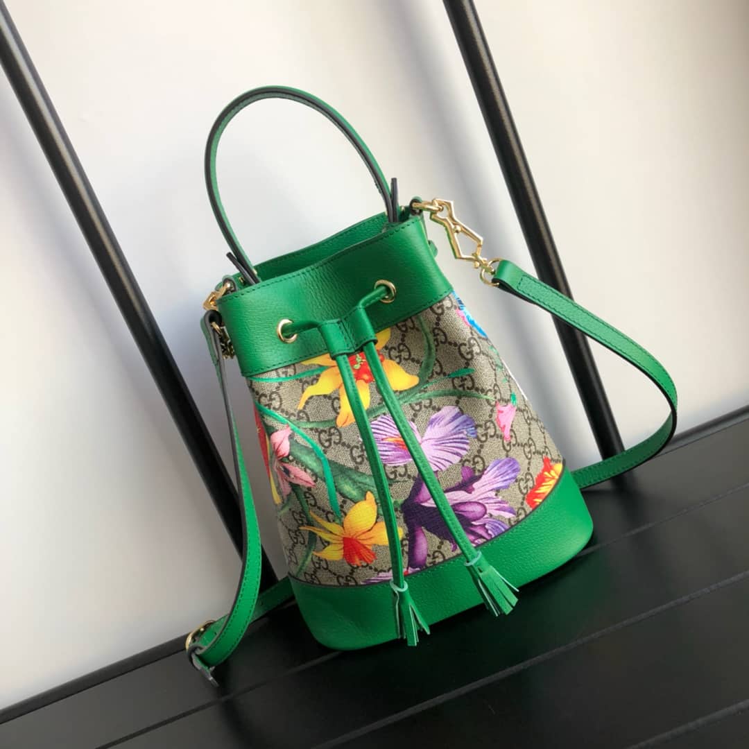 Gvc*1 Ophidia GG Flora Pattern Small Bucket Bag Replica Green 550621