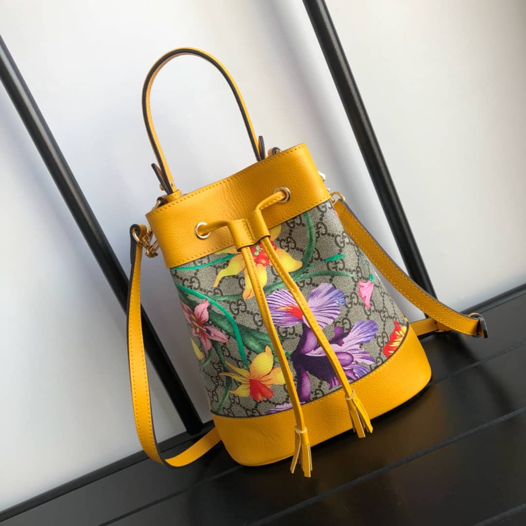 Gvc*1 Ophidia GG Flora Pattern Small Bucket Bag Replica Yellow 550621