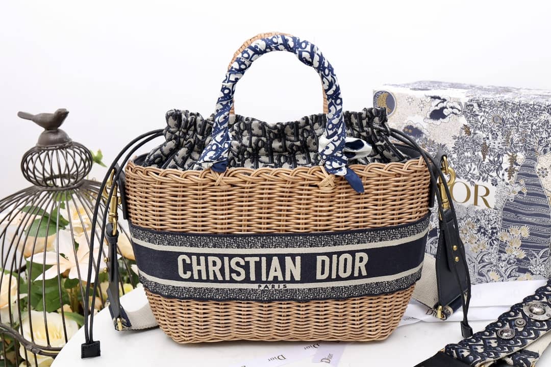 Chr1st1an D10r Wicker Bucket Bagblue Oblique