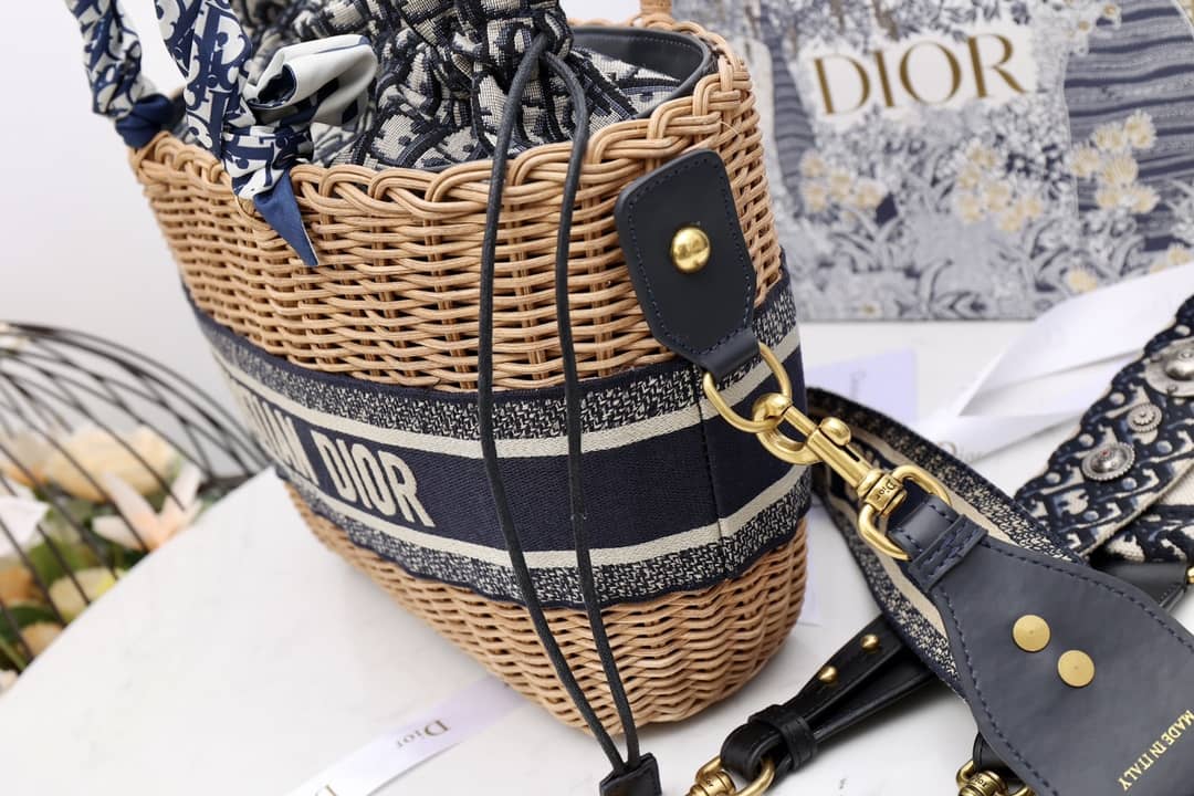Chr1st1an D10r Wicker Bucket Bagblue Oblique