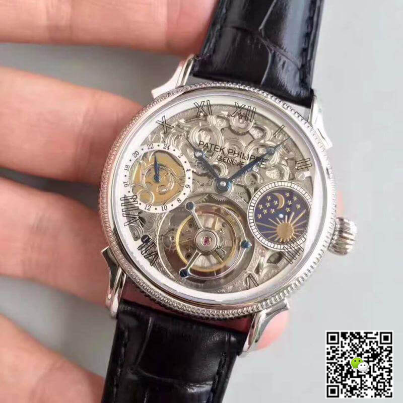 Pat*k Phi1i*pe Replica Tourbillon Moonphase 1:1 Best Edition Swiss Tourbillon Skeleton and White Dial
