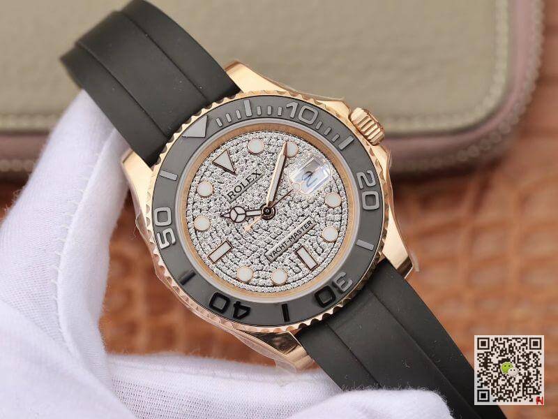 Replica R01ex Yacht-Master 40mm 116655 D1am0nd Dial Rosegold 1:1 Best Edition Automatic Swiss Movement Black Rubber Strap