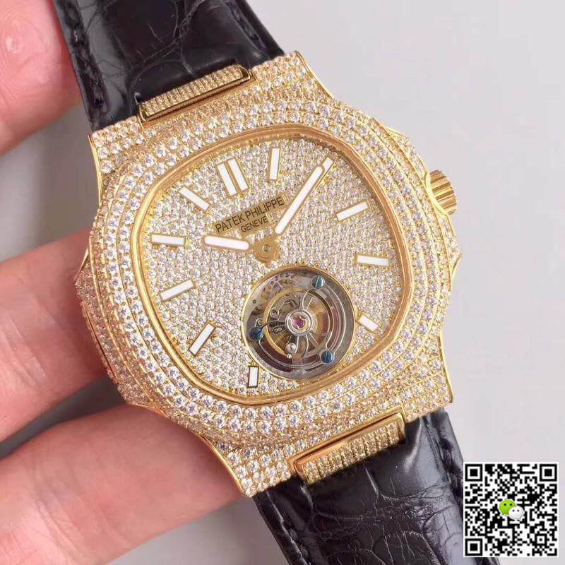 Pat*k Phi1i*pe Replica Nautilus Jumbo Tourbillon 1:1 Best Edition Swiss Tourbillon 18K Yellow Gold D1am0nd Dial