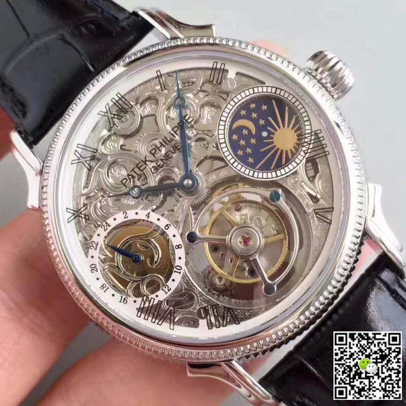 Pat*k Phi1i*pe Replica Tourbillon Moonphase 1:1 Best Edition Swiss Tourbillon Skeleton and White Dial
