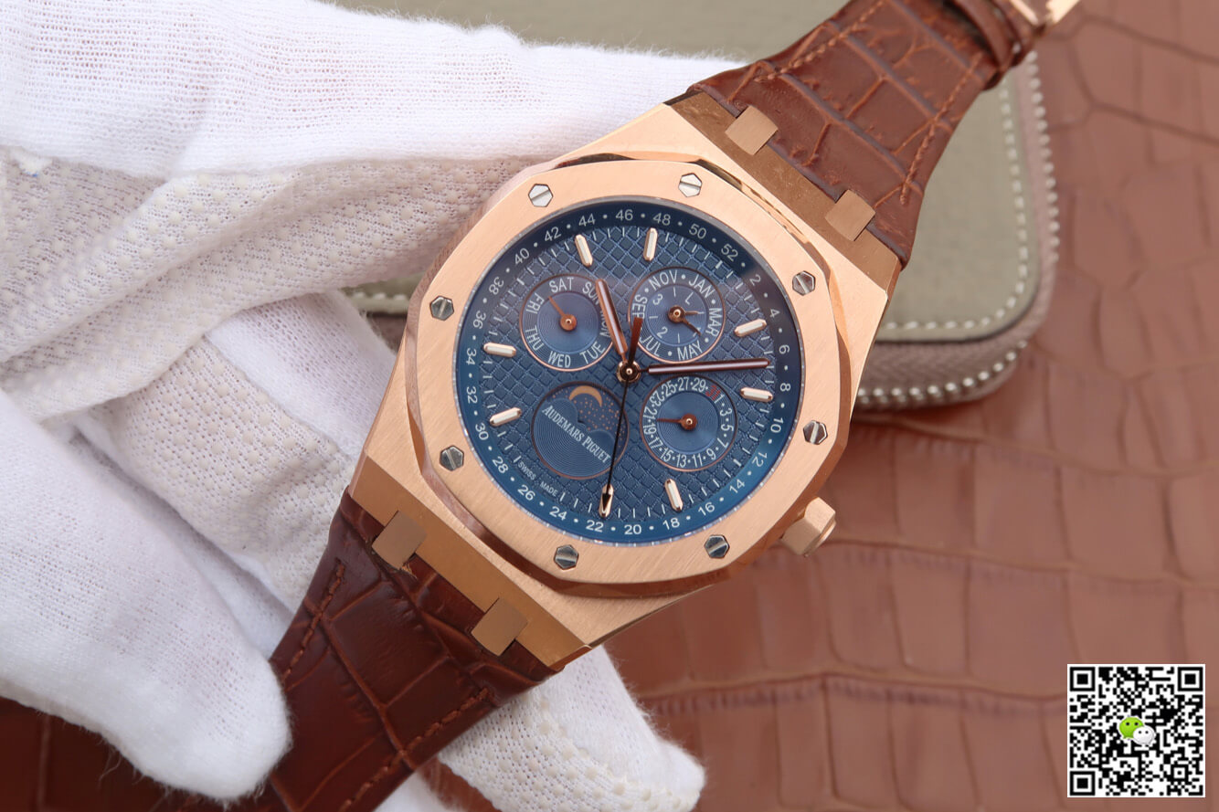 Replica Audemars P1g*et Royal Oak Perpetual Calendar 26574 1:1 Best Edition JF Factory Rose Gold Blue Dial