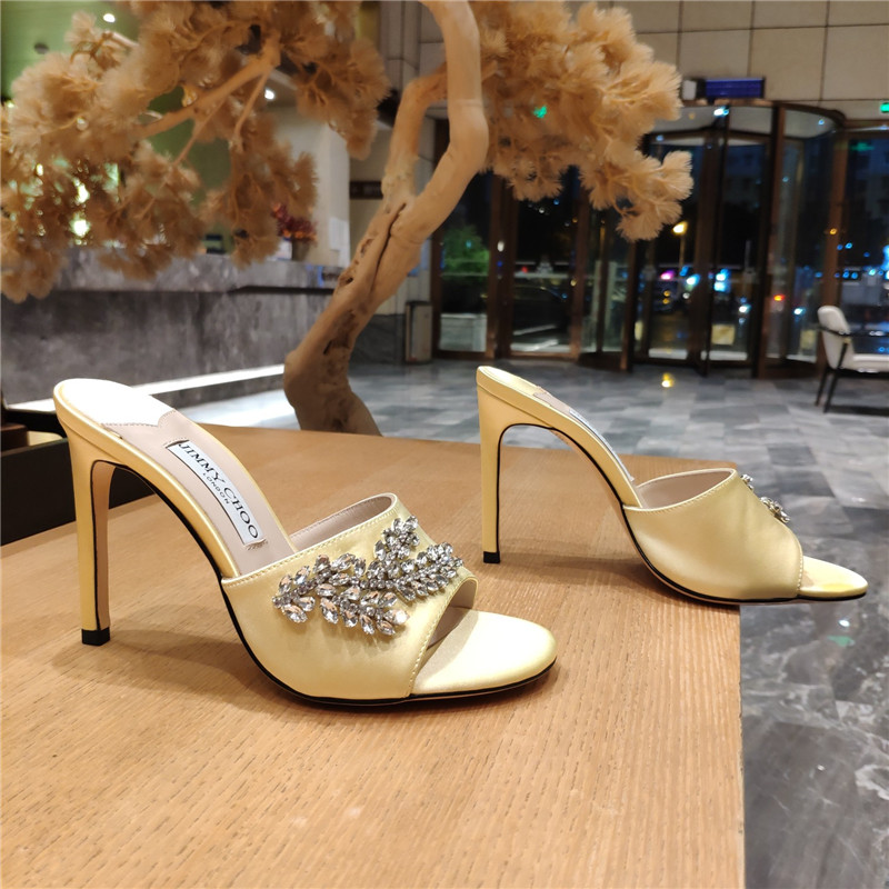 J1m*y Ch00 high heel fishmouth satin sandals