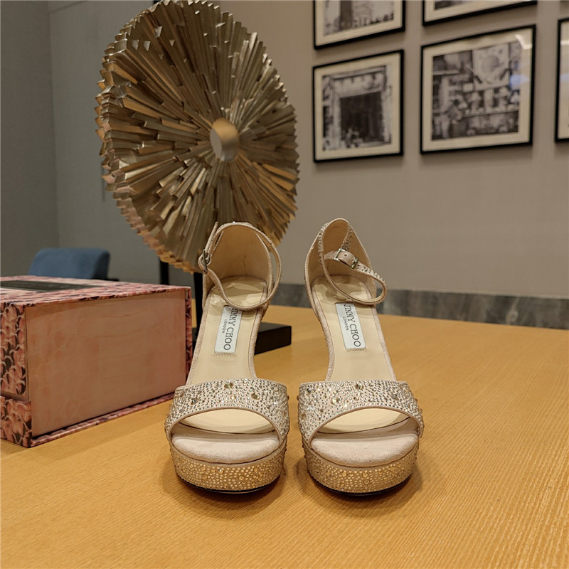 J1m*y Ch00 Crystal Chain Heeled Platform Sandals