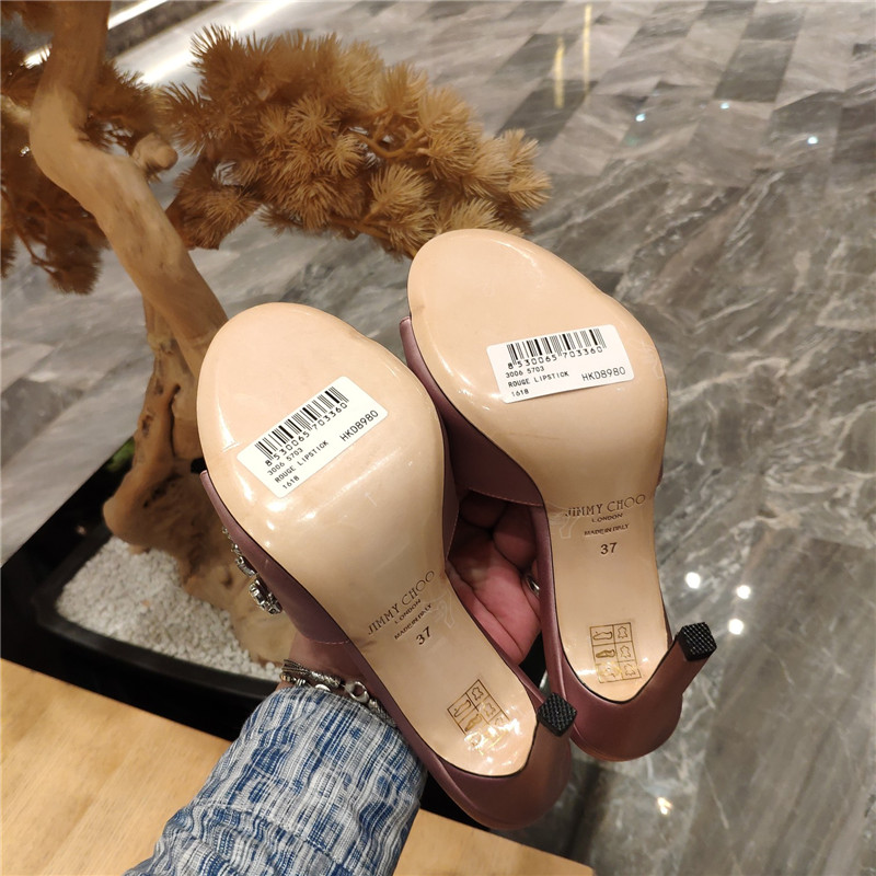 J1m*y Ch00 high heel fishmouth satin sandals