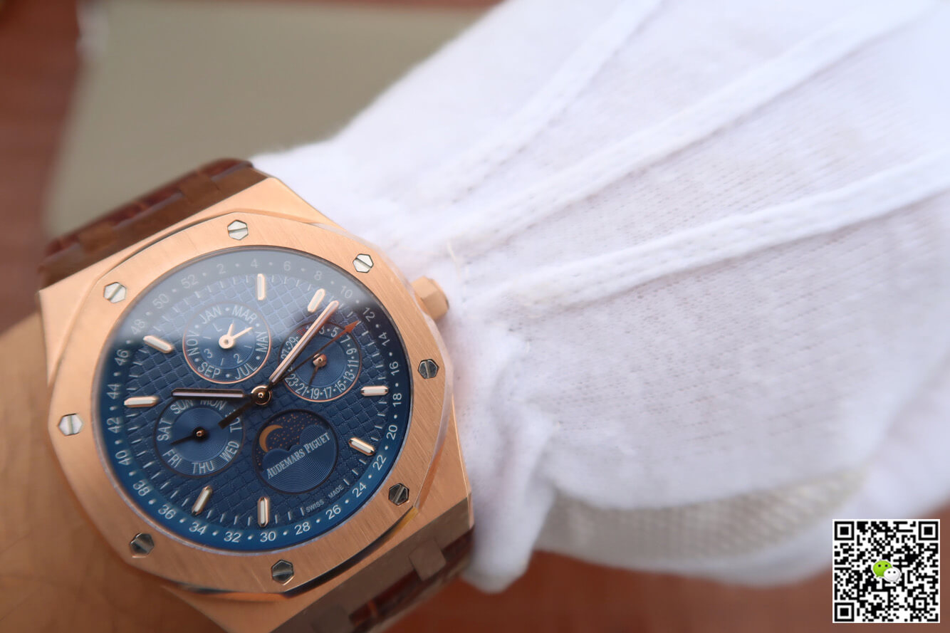 Replica Audemars P1g*et Royal Oak Perpetual Calendar 26574 1:1 Best Edition JF Factory Rose Gold Blue Dial