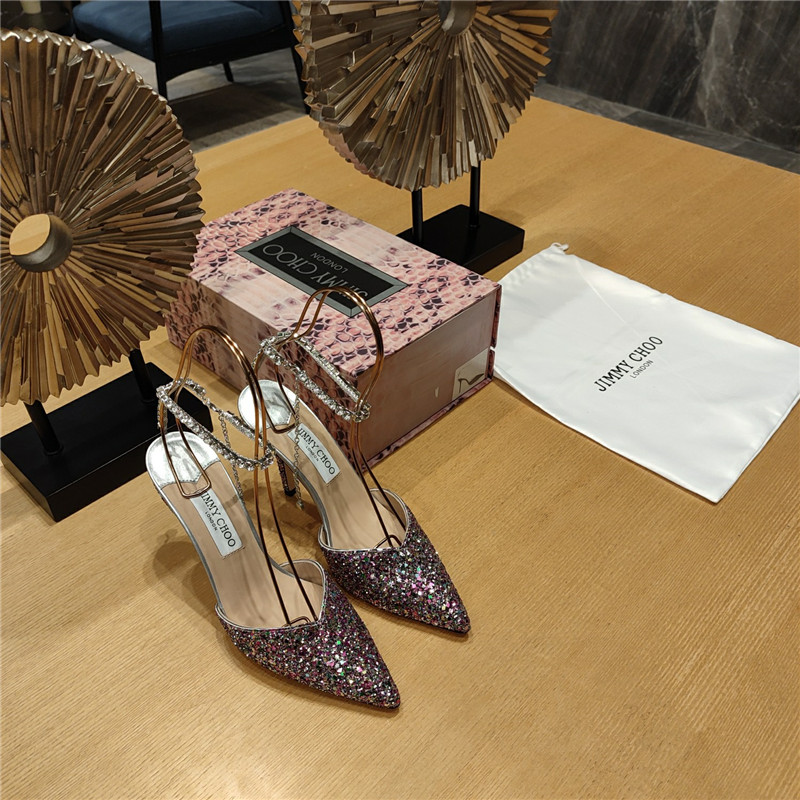 J1m*y Ch00 Crystal Chain Heeled Sandals