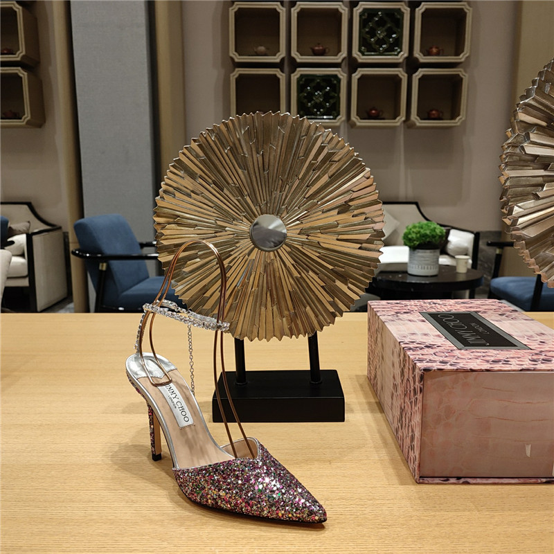 J1m*y Ch00 Crystal Chain Heeled Sandals