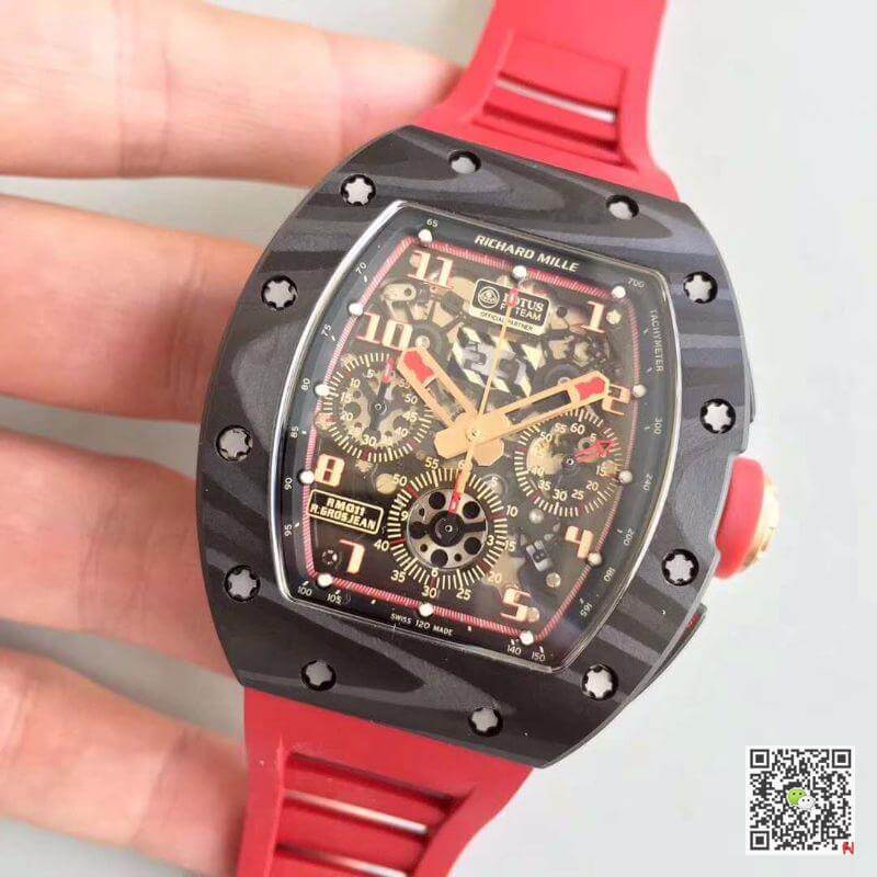 Replica Richard Mille RM011 Forged Carbon 1:1 Best Edition Swiss ETA7750 Red Rubber Strap