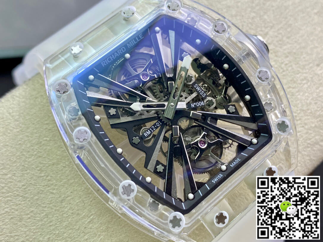 Replica Richard Mille RM12-01 1:1 Best Edition RM Factory Tourbillon Transparent Version White Strap