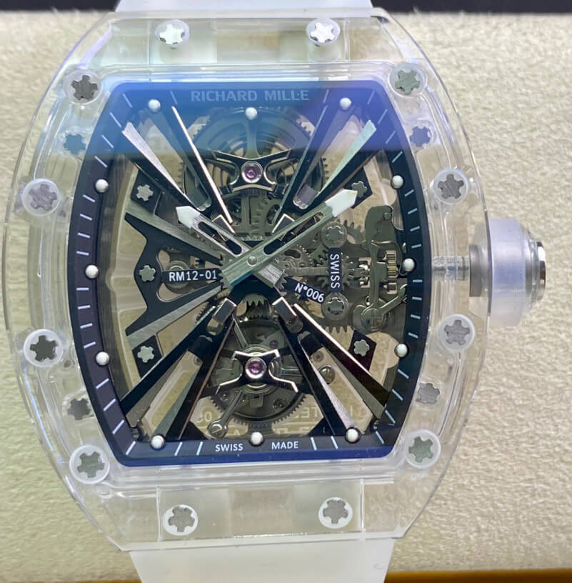 Replica Richard Mille RM12-01 1:1 Best Edition RM Factory Tourbillon Transparent Version White Strap