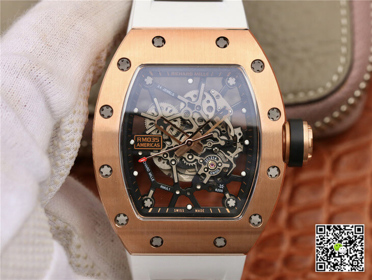 Replica Richard Mille RM035 Americas KV Factory 1:1 Best Edition Rose Gold White Strap