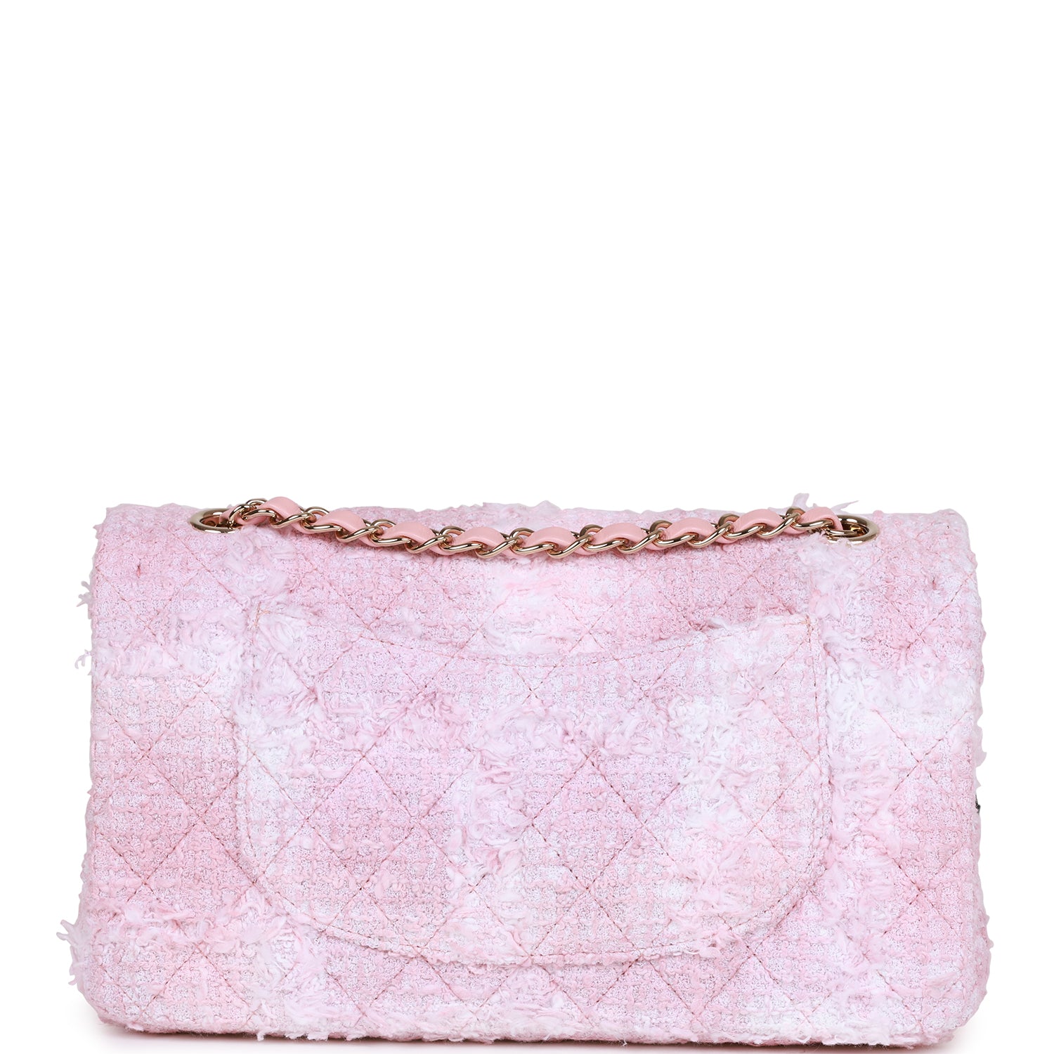 Medium Classic Double Flap Bag Rose Sakura Tweed Light Gold Hardware