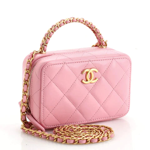 Ch**el CC Chain Handle Zip Around Vanity Case with Chain Quilted Lambskin Mini