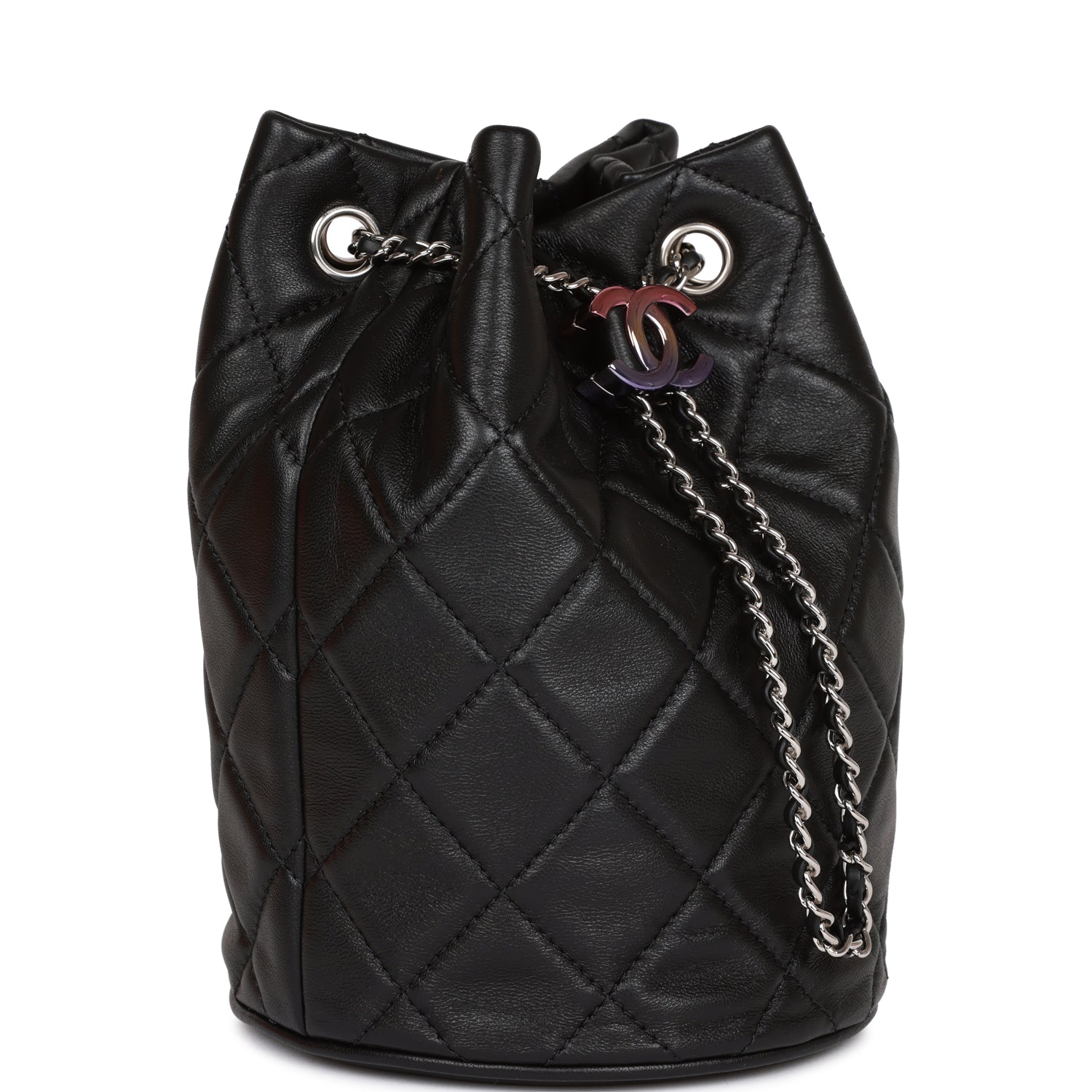 Mini Bucket Bag Black Lambskin Silver Hardware