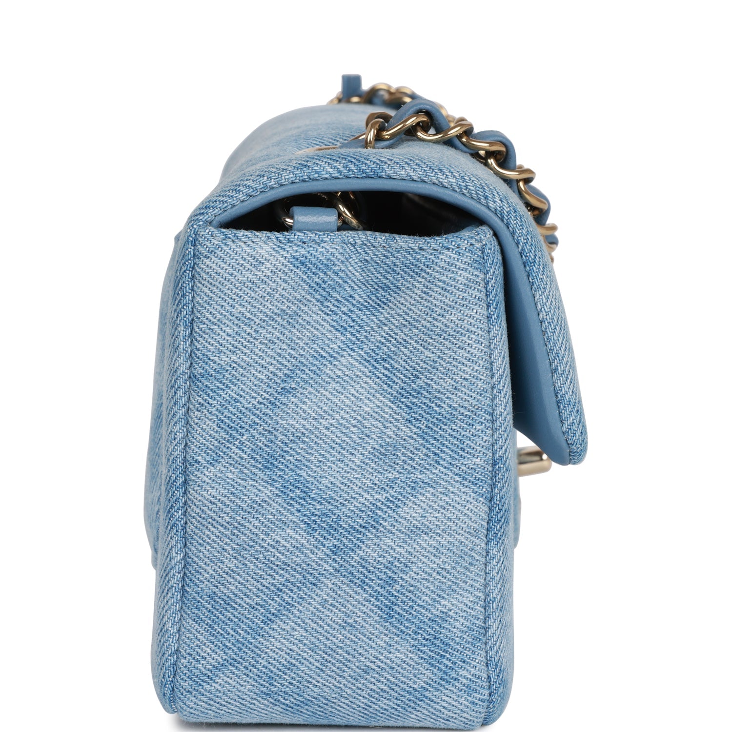 Blue Quilted Denim Rectangular Mini Flap Bag Gold Hardware