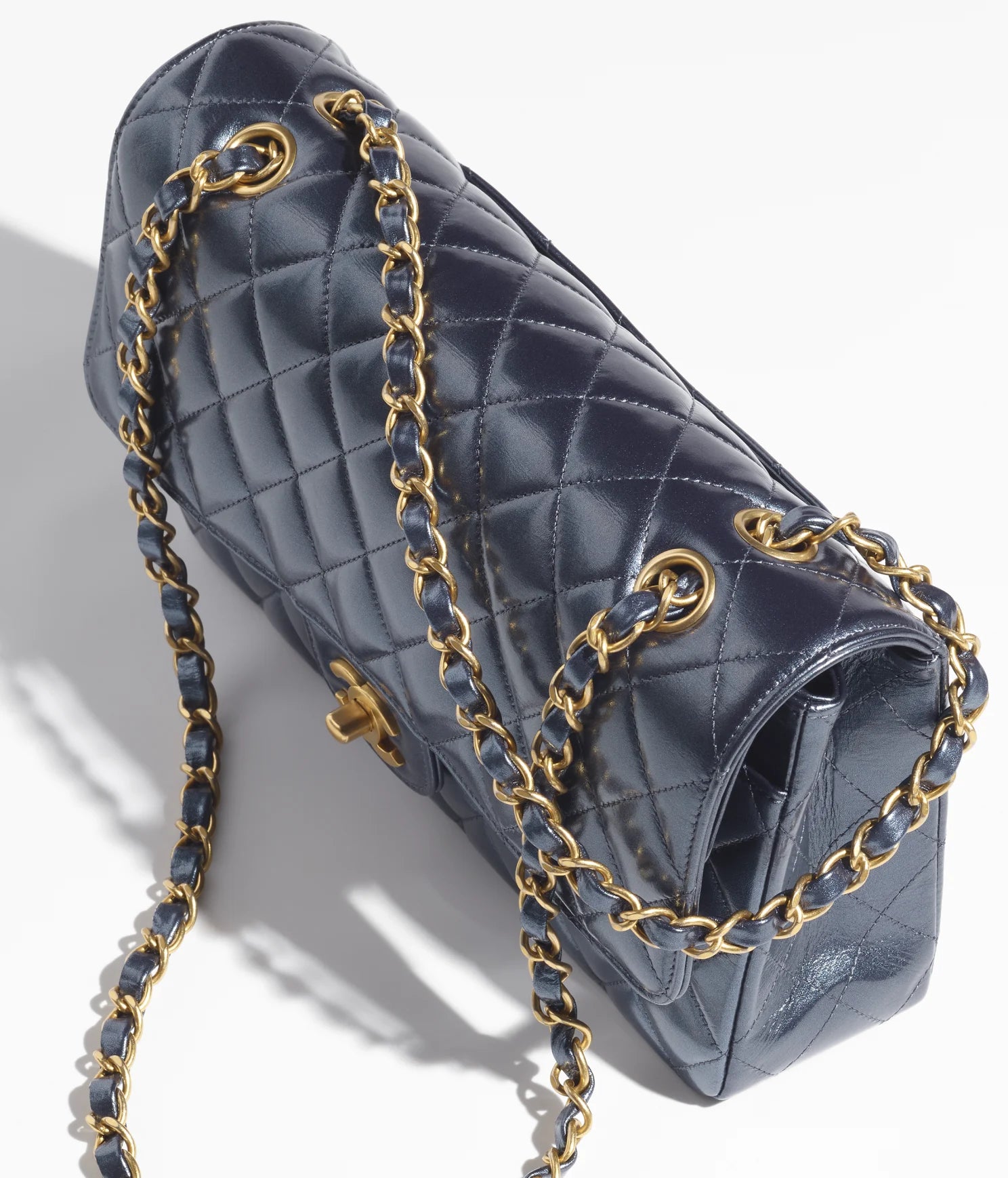 CLASSIC HANDBAG Metallic Calfskin & Gold Metal Navy Blue