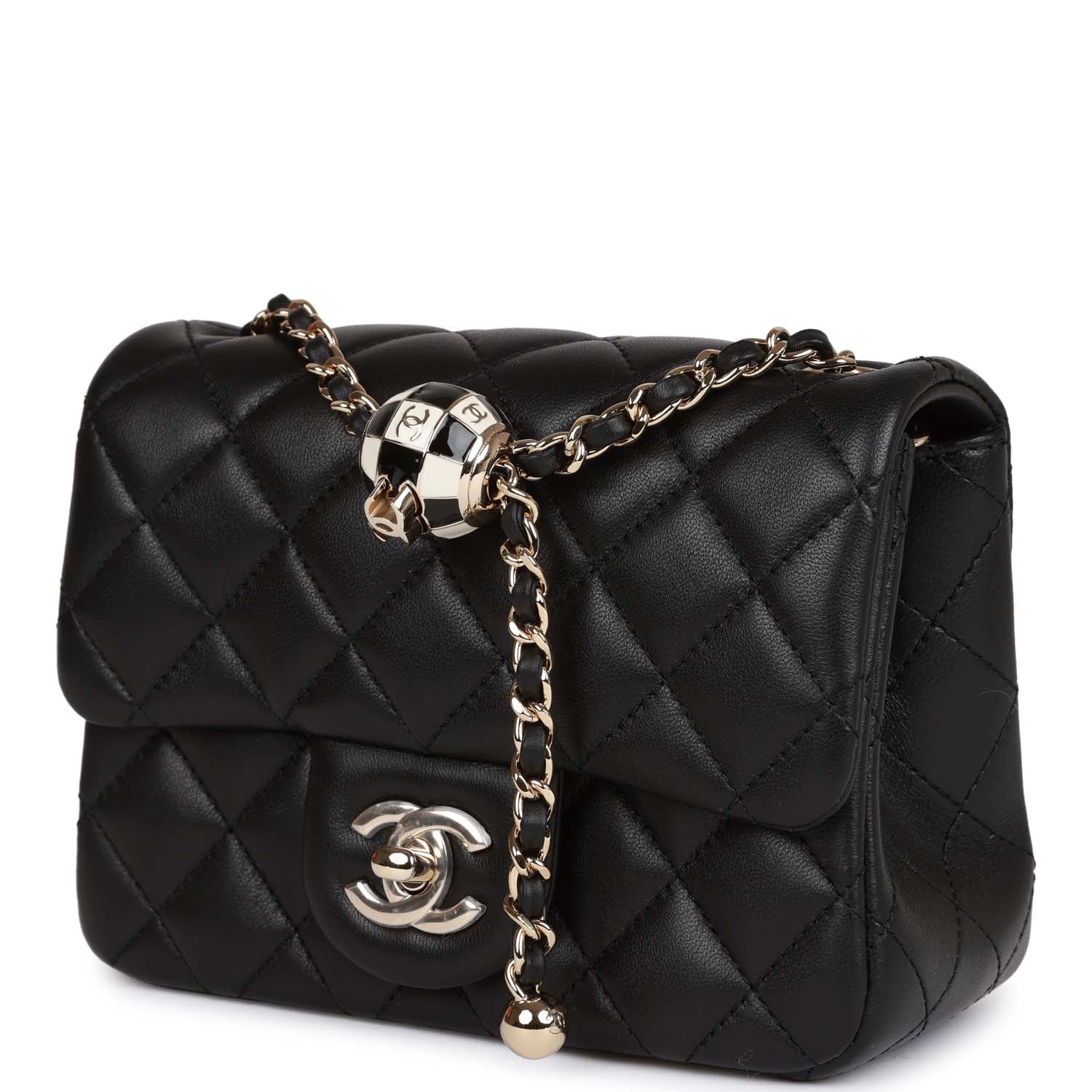 Pearl Crush Mini Square Flap Bag Black Lambskin Light Gold Hardware
