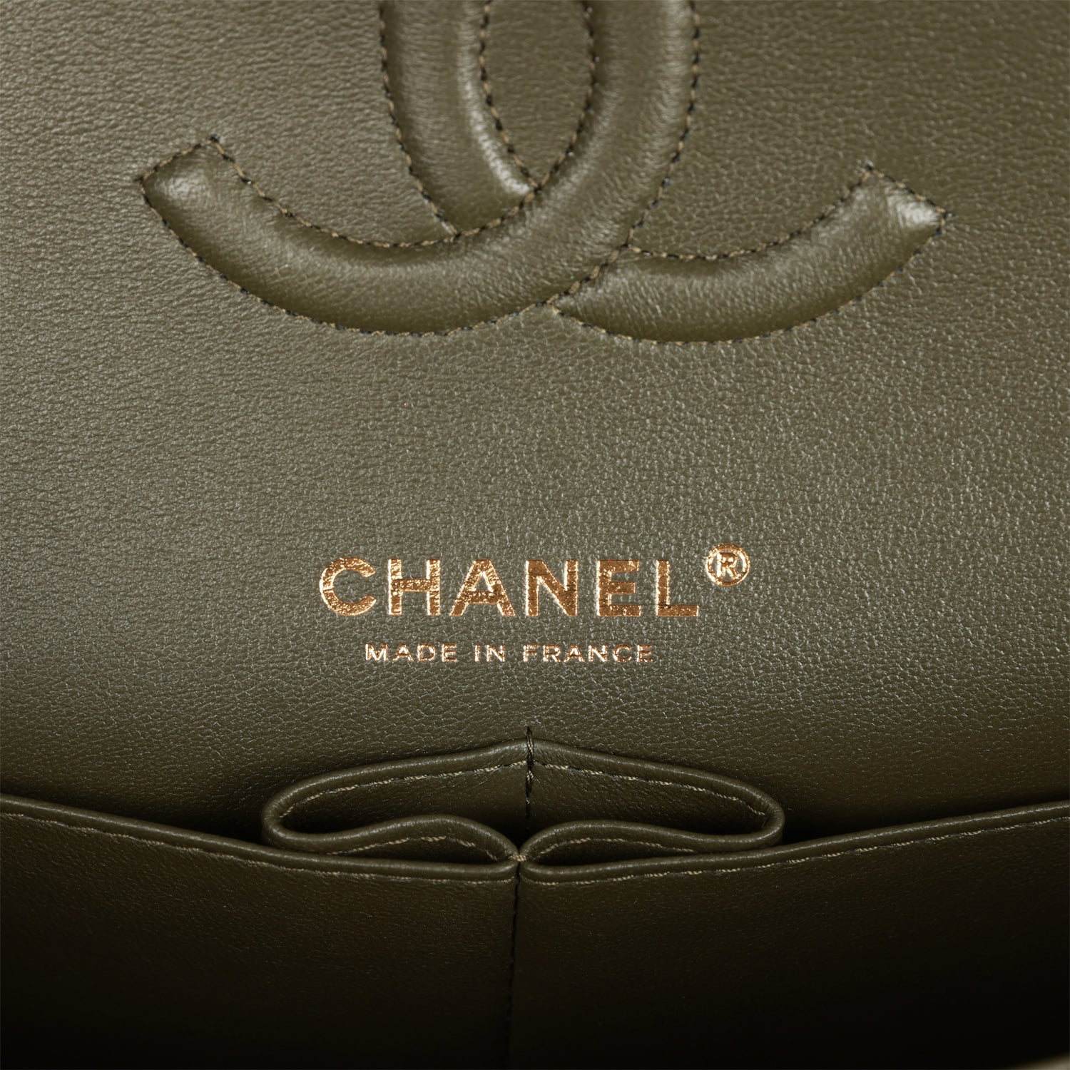 Ch**el Medium Classic Double Flap Bag Olive Calfskin Light Gold Hardware