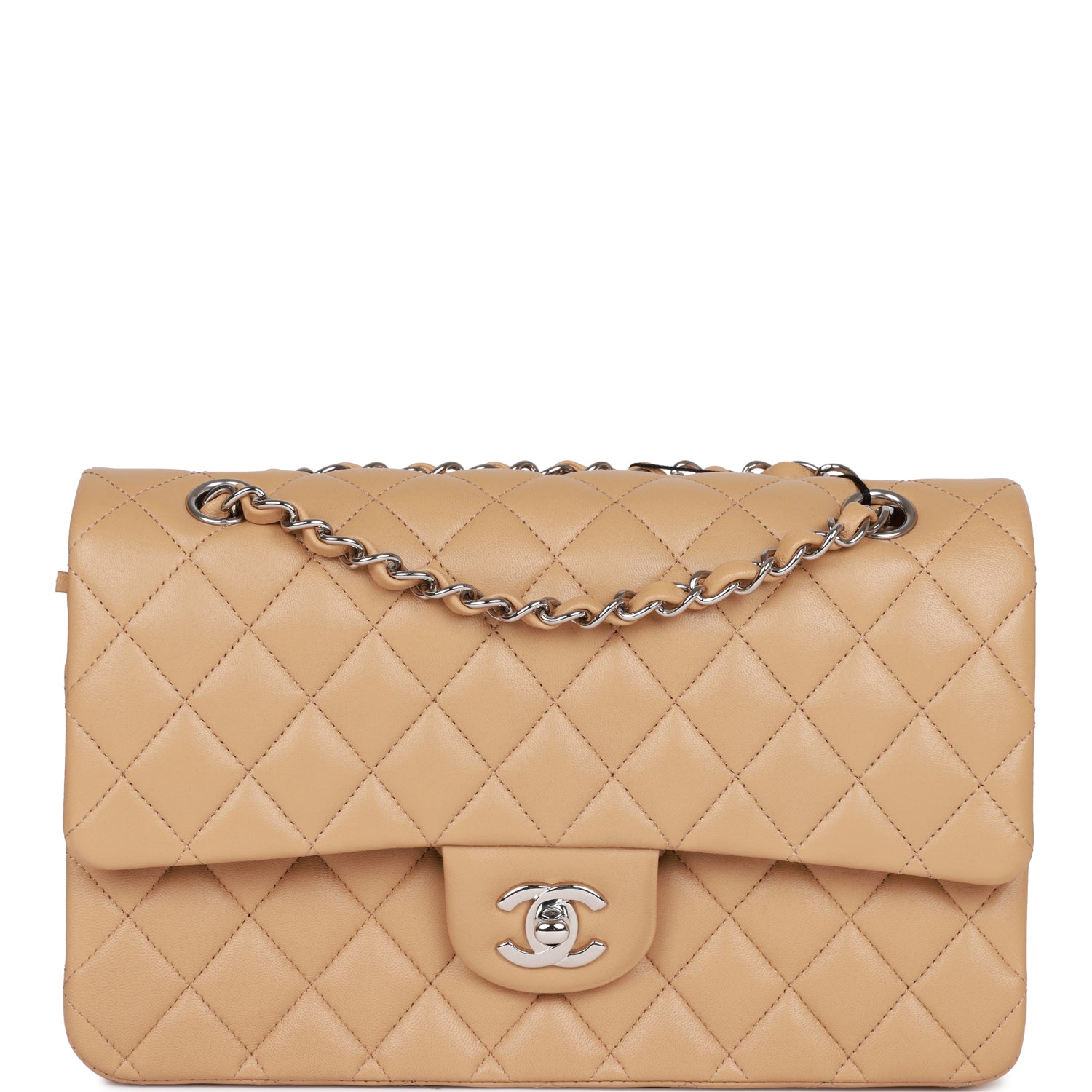 Medium Classic Double Flap Bag Beige Lambskin Silver Hardware