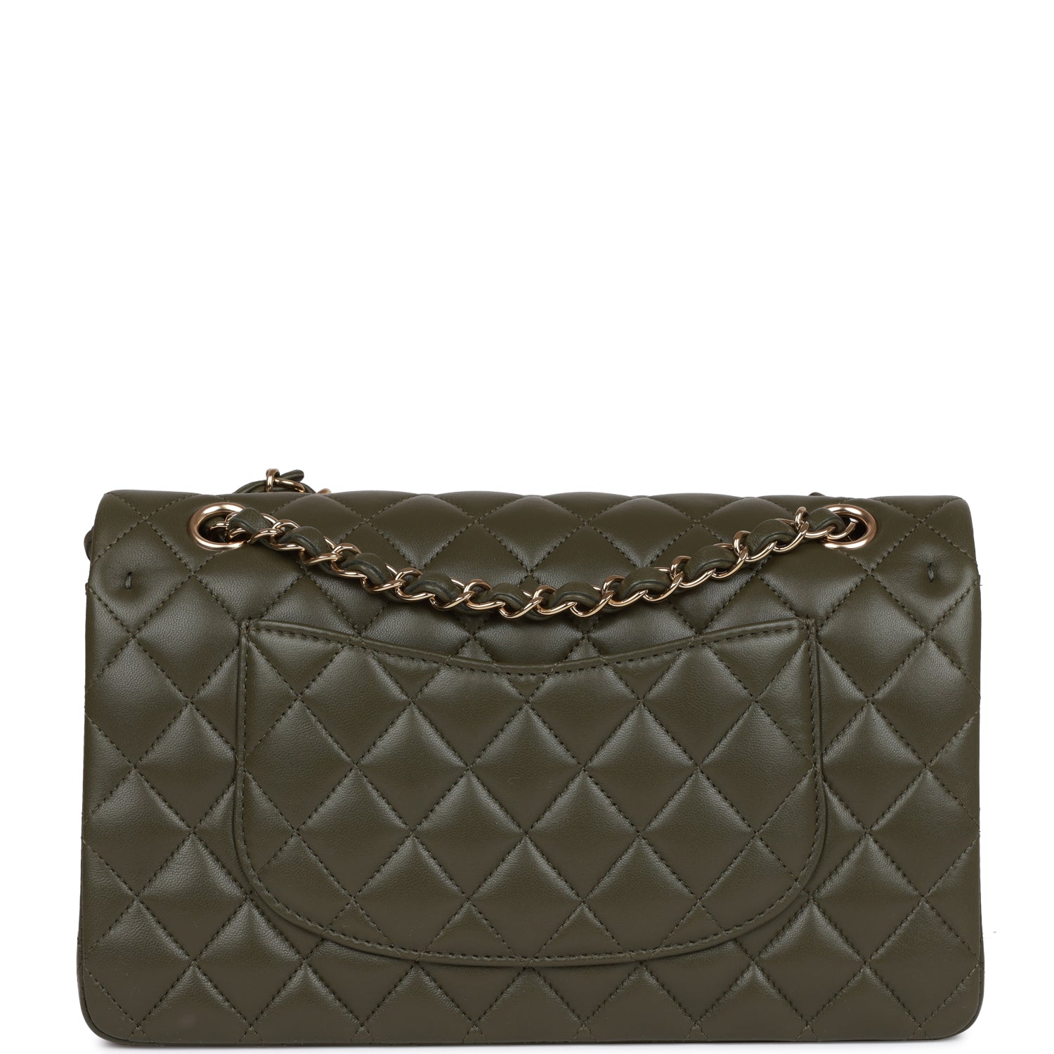 Ch**el Medium Classic Double Flap Bag Olive Calfskin Light Gold Hardware