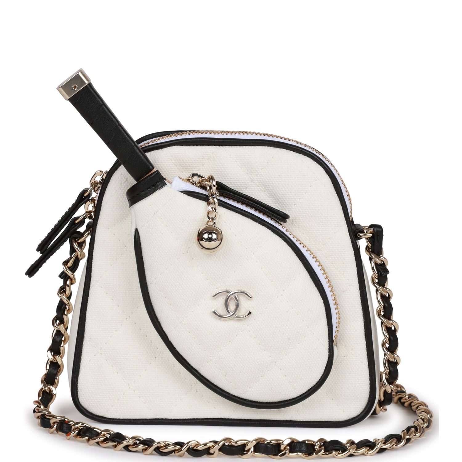 "Monte-Carlo" Mini Crossbody Tennis Bag White Canvas Light Gold Hardware