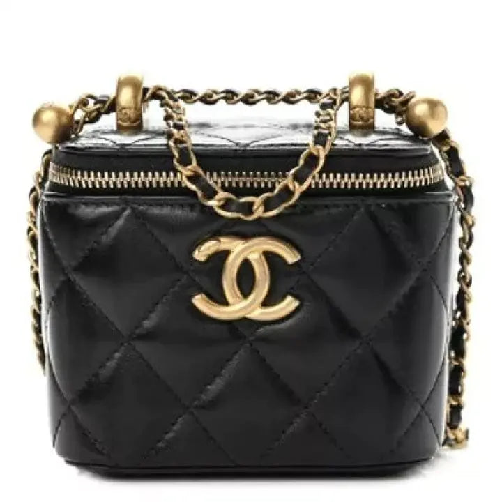Calfskin Quilted Mini Perfect Fit Vanity Case With Chain Black