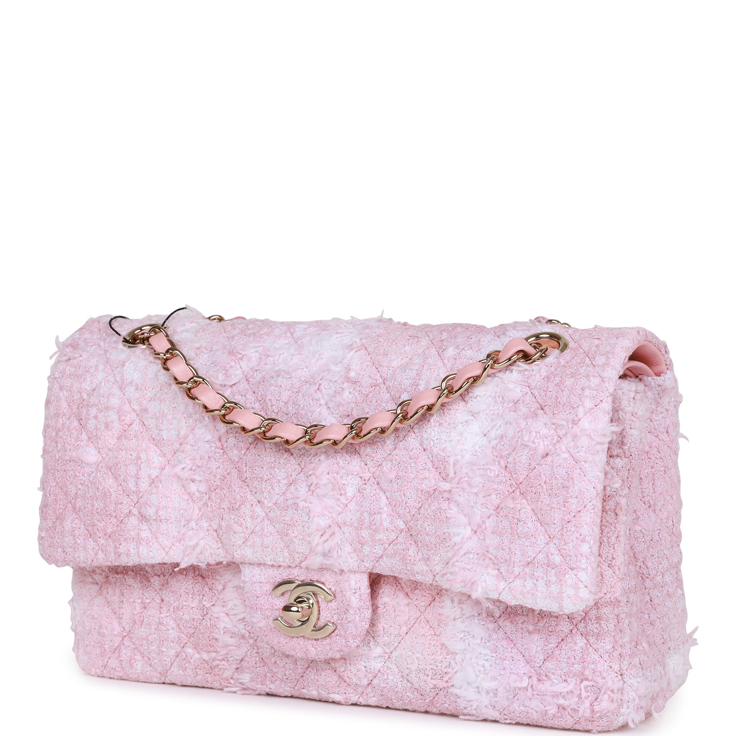 Medium Classic Double Flap Bag Rose Sakura Tweed Light Gold Hardware