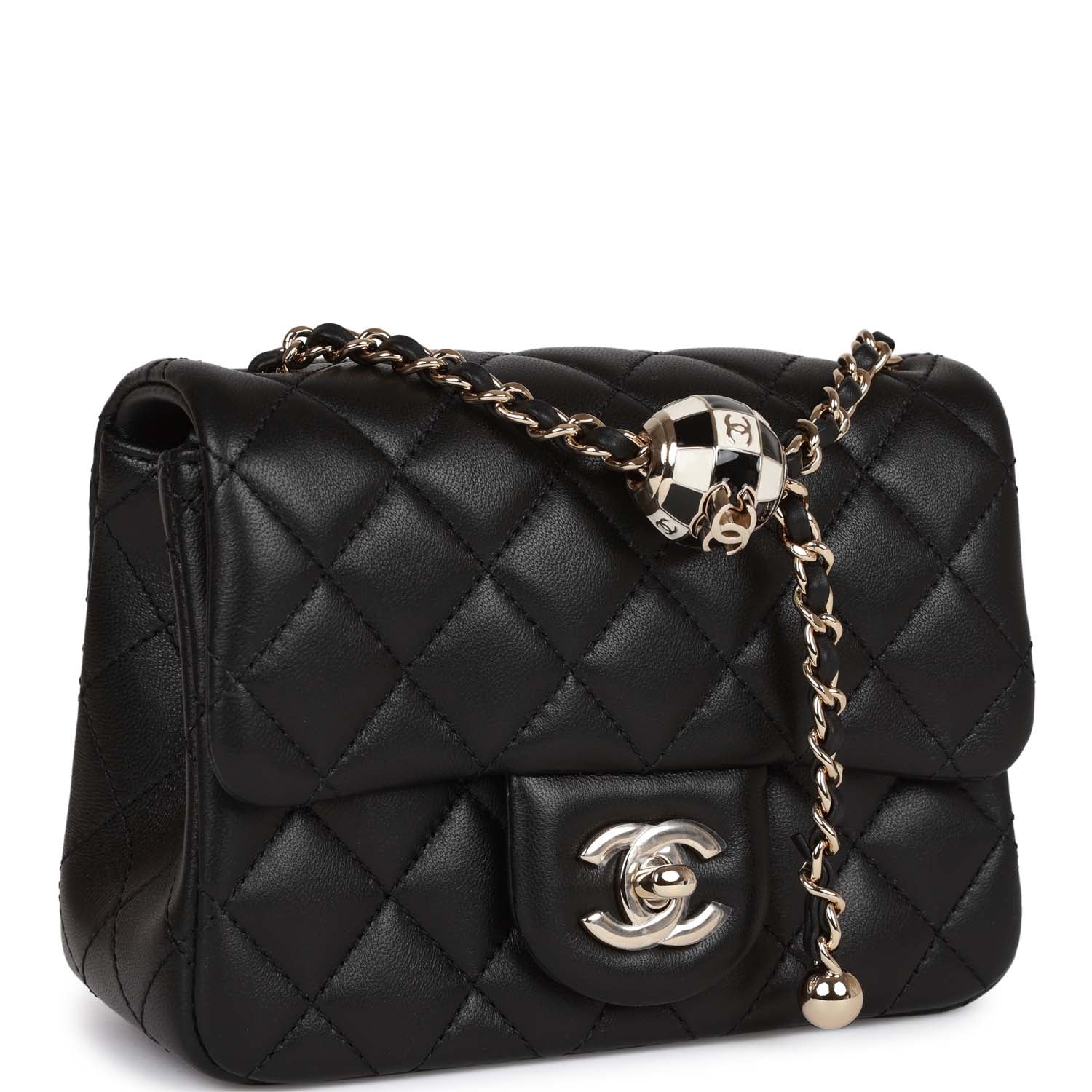 Pearl Crush Mini Square Flap Bag Black Lambskin Light Gold Hardware