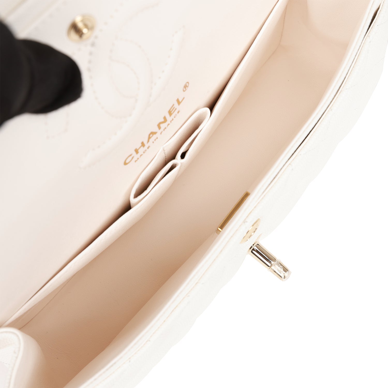 Ch**el Small Classic Double Flap White Caviar Light Gold Hardware