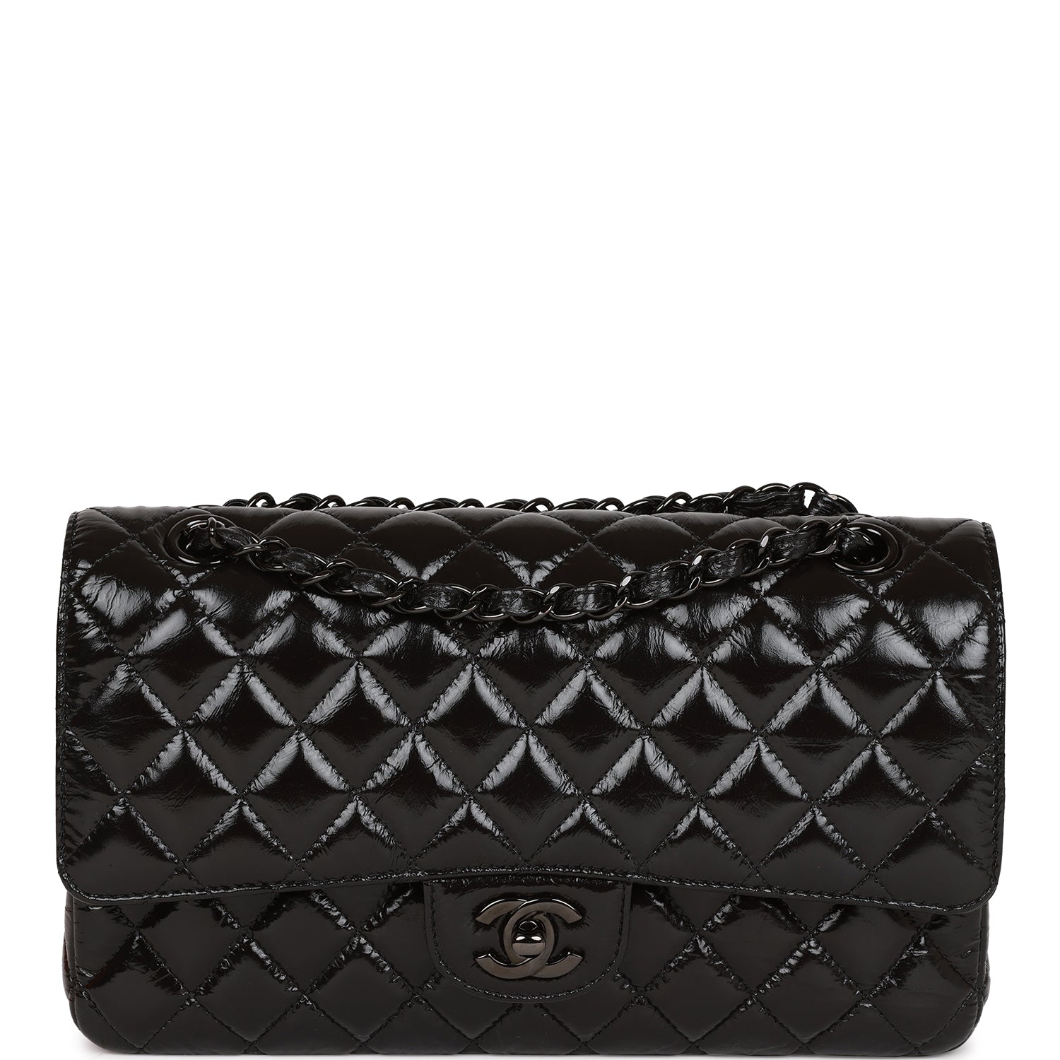 Ch**el Medium Classic Double Flap Bag SO Black Crumpled Calfskin Black Hardware