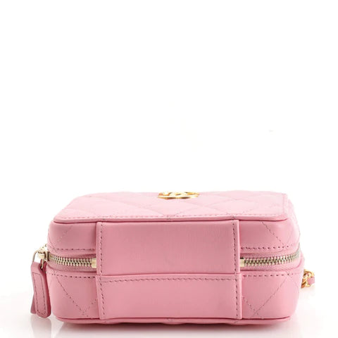 Ch**el CC Chain Handle Zip Around Vanity Case with Chain Quilted Lambskin Mini