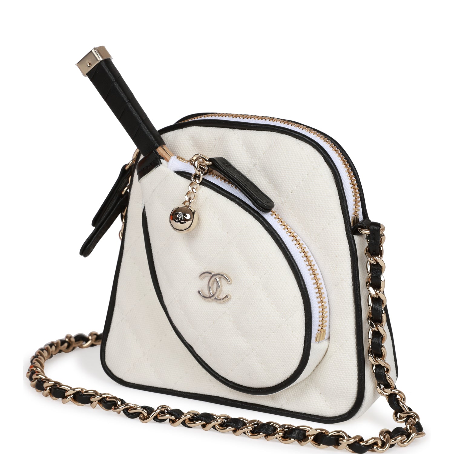 "Monte-Carlo" Mini Crossbody Tennis Bag White Canvas Light Gold Hardware