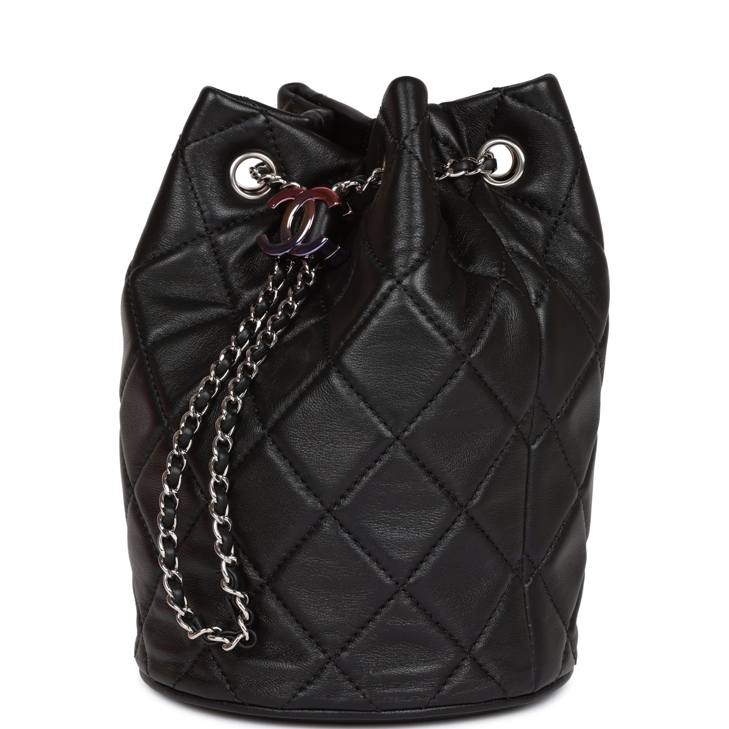 Mini Bucket Bag Black Lambskin Silver Hardware