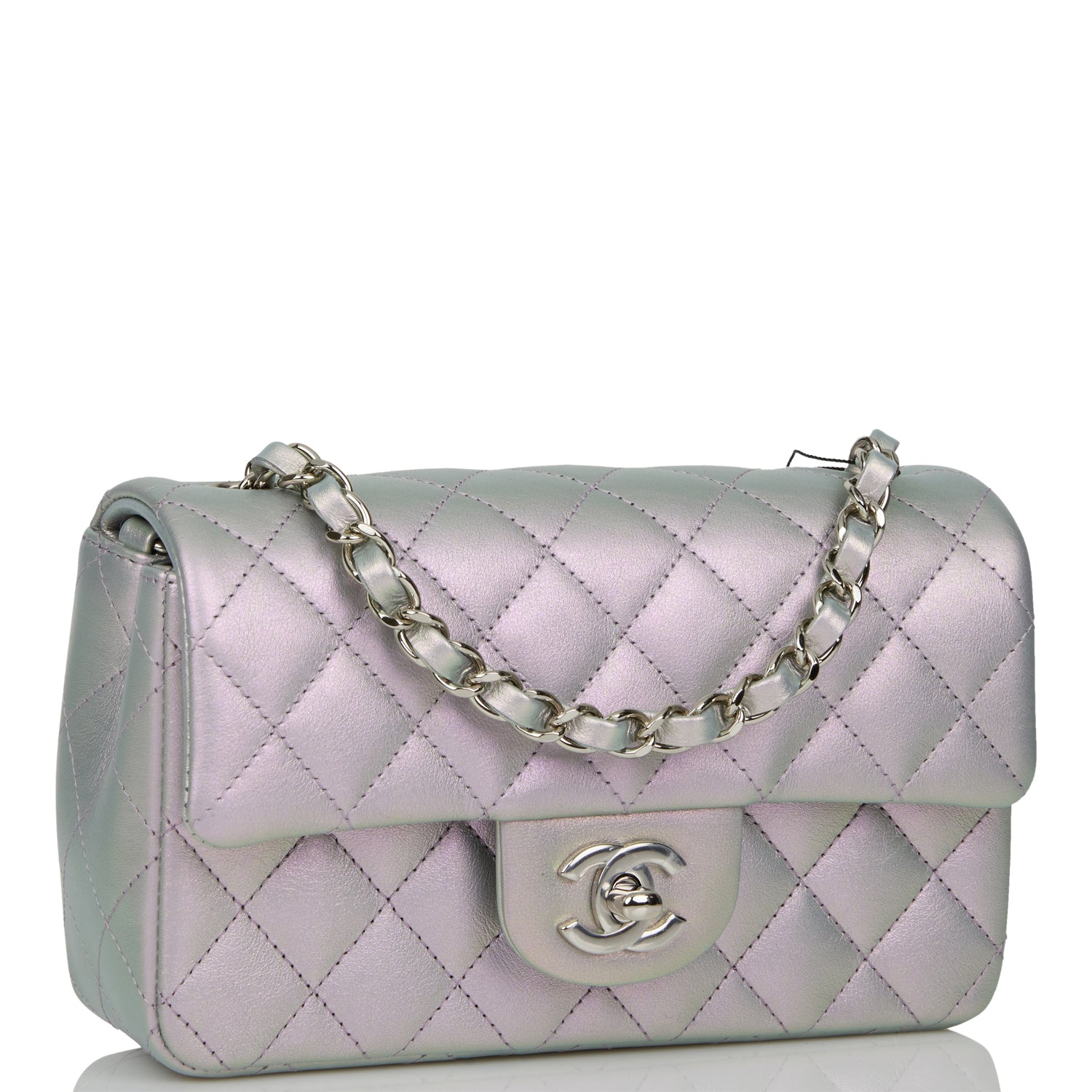 PEARL CRUSH MINI RECTANGULAR FLAP BAG LIGHT GREY LAMBSKIN ANTIQUE GOLD HARDWARE