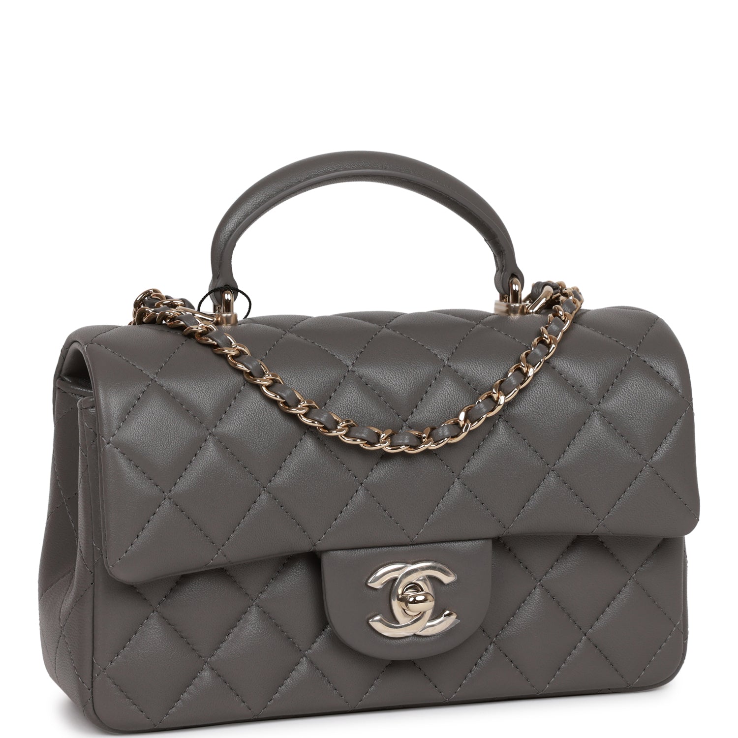 Mini Rectangular Flap Bag with Top Handle Dark Grey Lambskin Light Gold Hardware