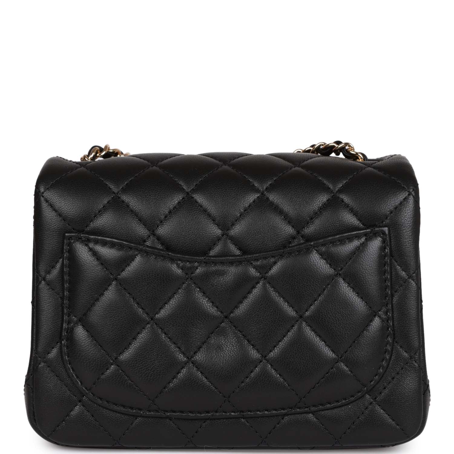 Pearl Crush Mini Square Flap Bag Black Lambskin Light Gold Hardware