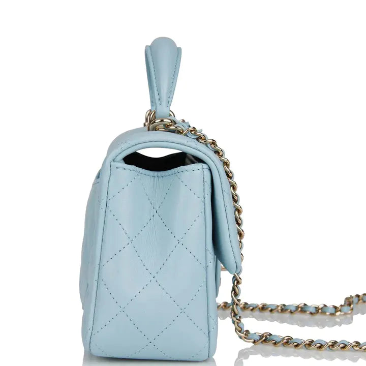 Mini Rectangular Flap with Top Handle Blue Lambskin Light Gold Hardware
